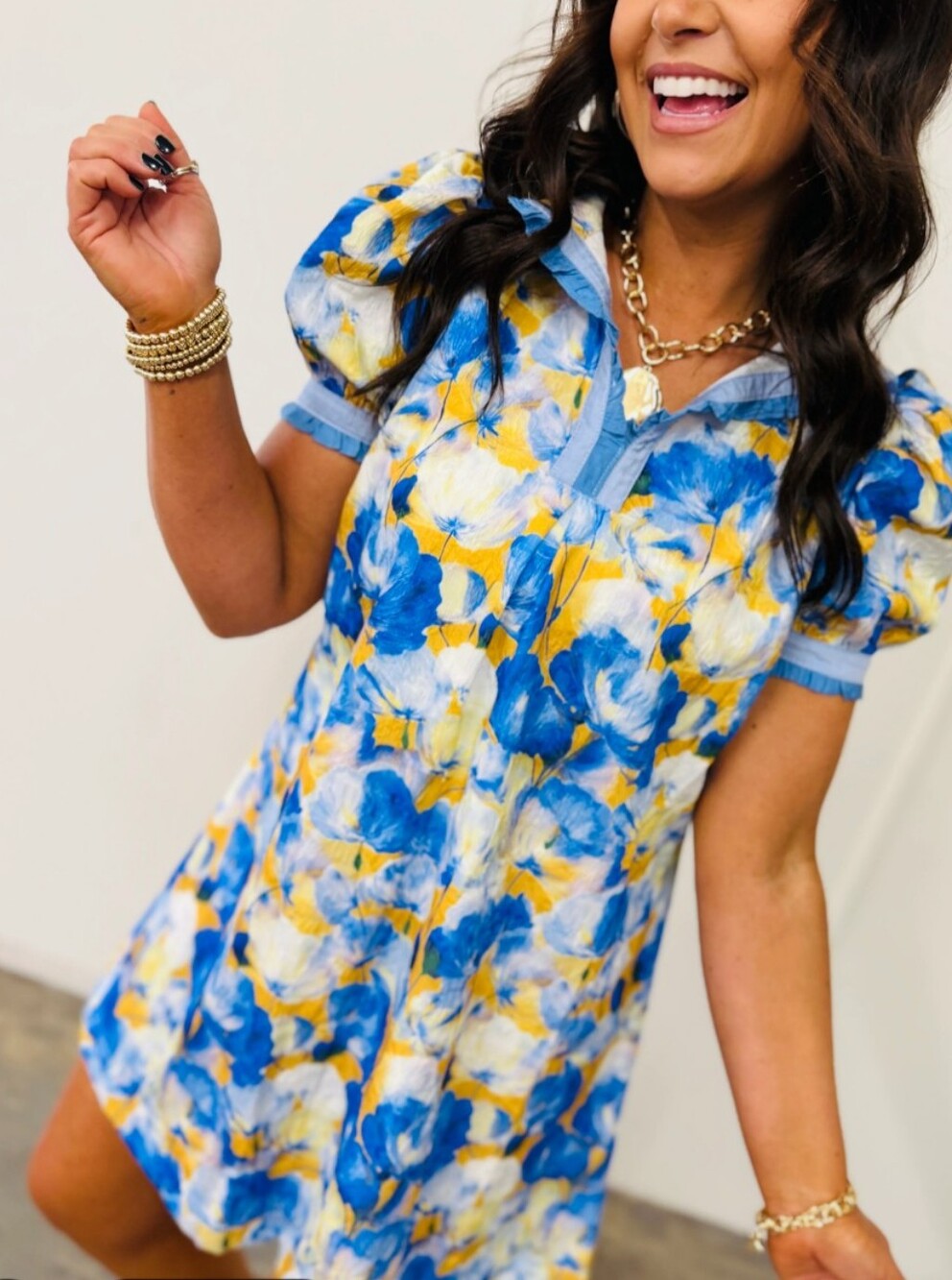 Umgee Blue & Yellow Floral Puff-Sleeve Mini Dress Cottagecore Summertime Resort